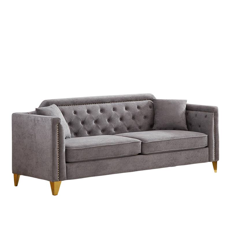 Chenille Sofa with Golden Metal Legs, 3-Seater Couch with Solid Wood Frame and 750 lbs Capacity