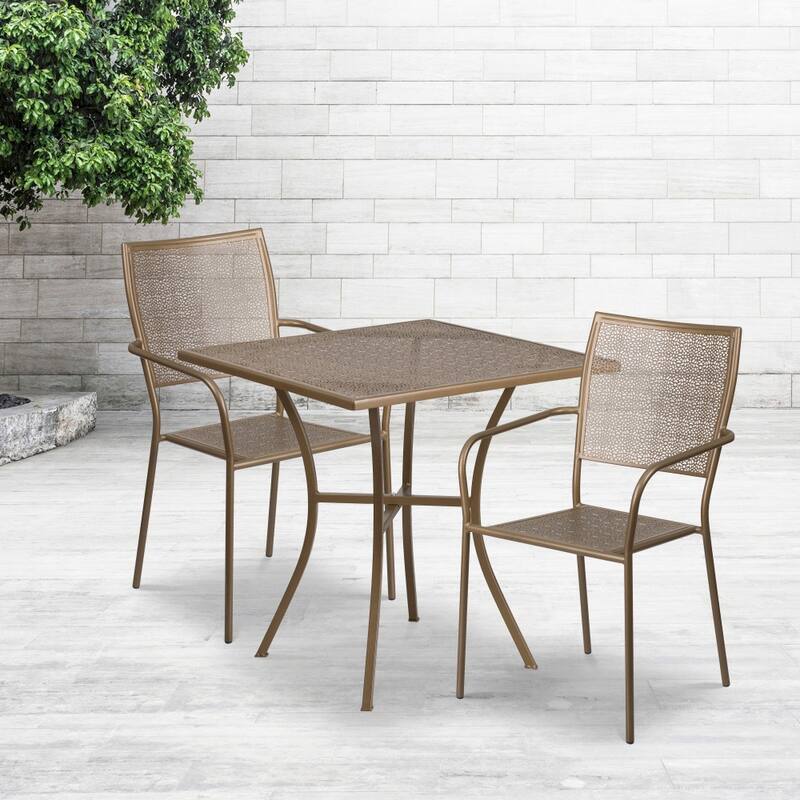 28'' Square Indoor-Outdoor Steel Patio Table Set with 2 Square Back Chairs - Gold