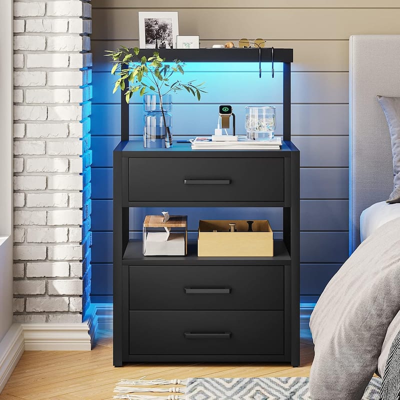 Nightstand Charging Station LED Lights End Table 3 Drawers