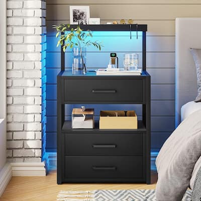 Nightstand Charging Station LED Lights End Table 3 Drawers