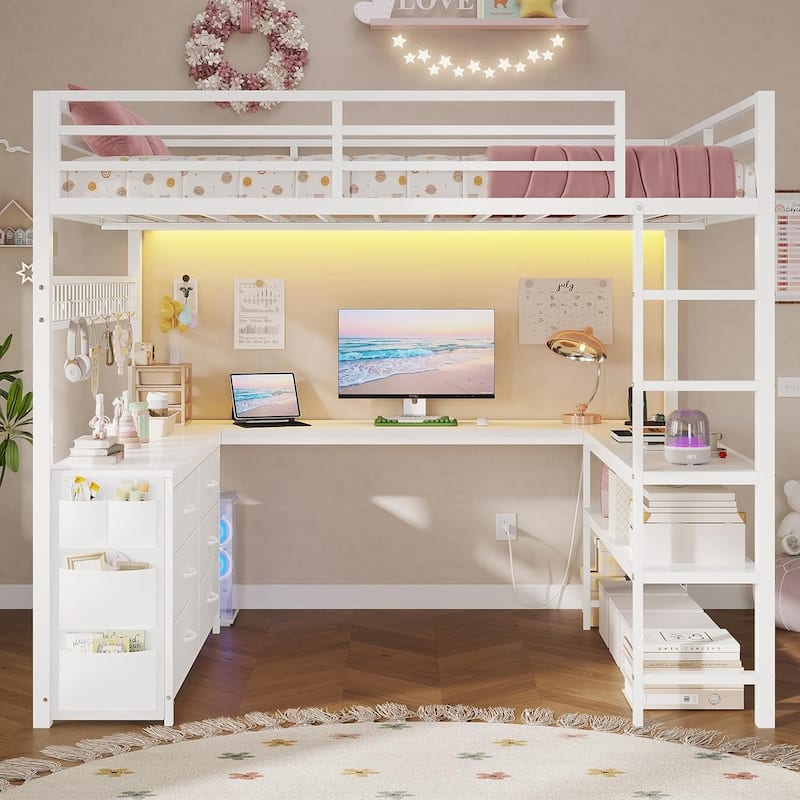 Loft Bed with Full Size U-Shaped Desk 6 Drawers Power Outlet 2 Storage Shelves