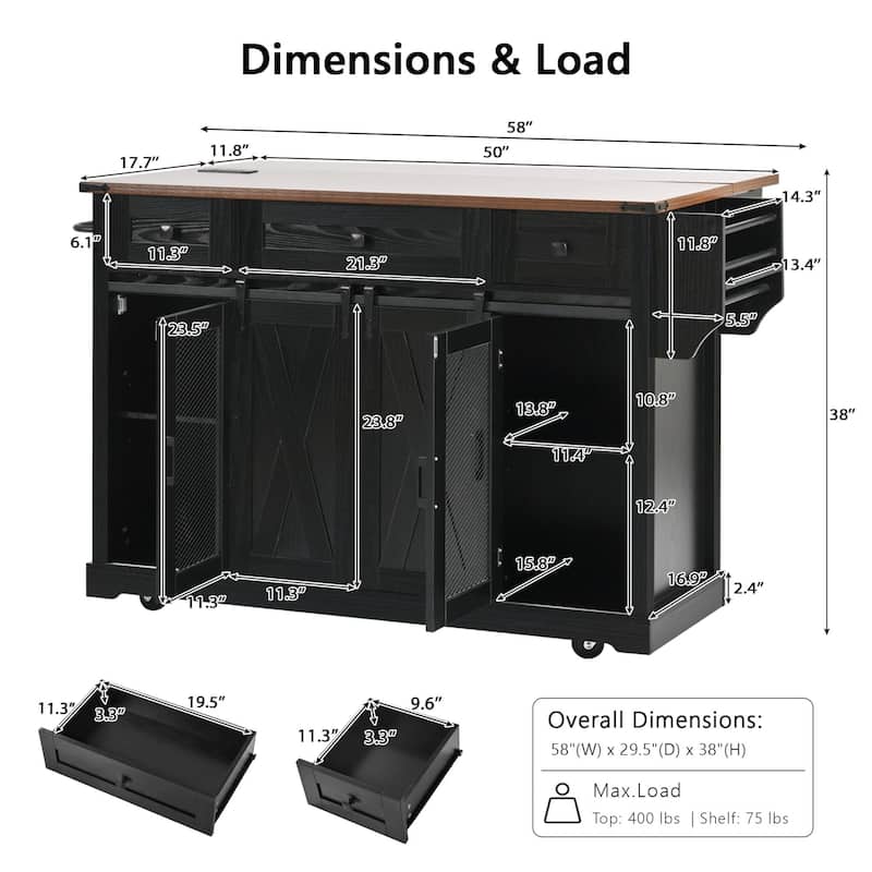 58-inch Farmhouse Kitchen Island with Storage, Sliding Barn Door & Metal Grid Side Door