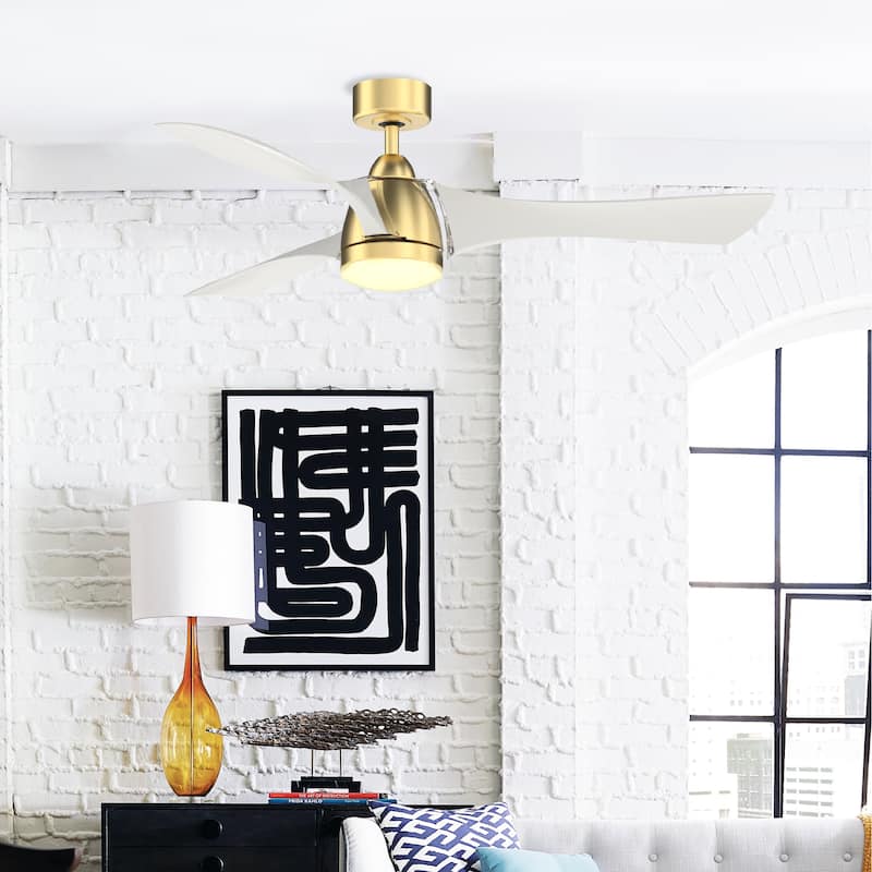 Fanimation Klear 56 inch Indoor/Outdoor Smart Ceiling Fan with LED CCT Select Light Kit and Remote - Brushed Satin Brass & White - Remote