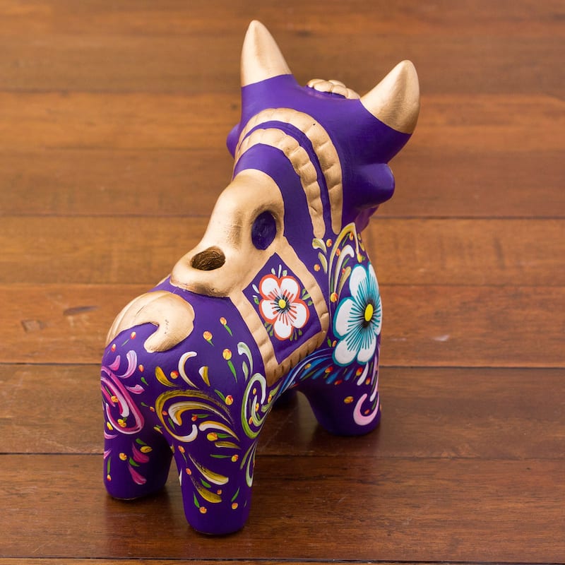 Handmade Ceramic Figurine, 'Purple Pucara Bull' (Peru)