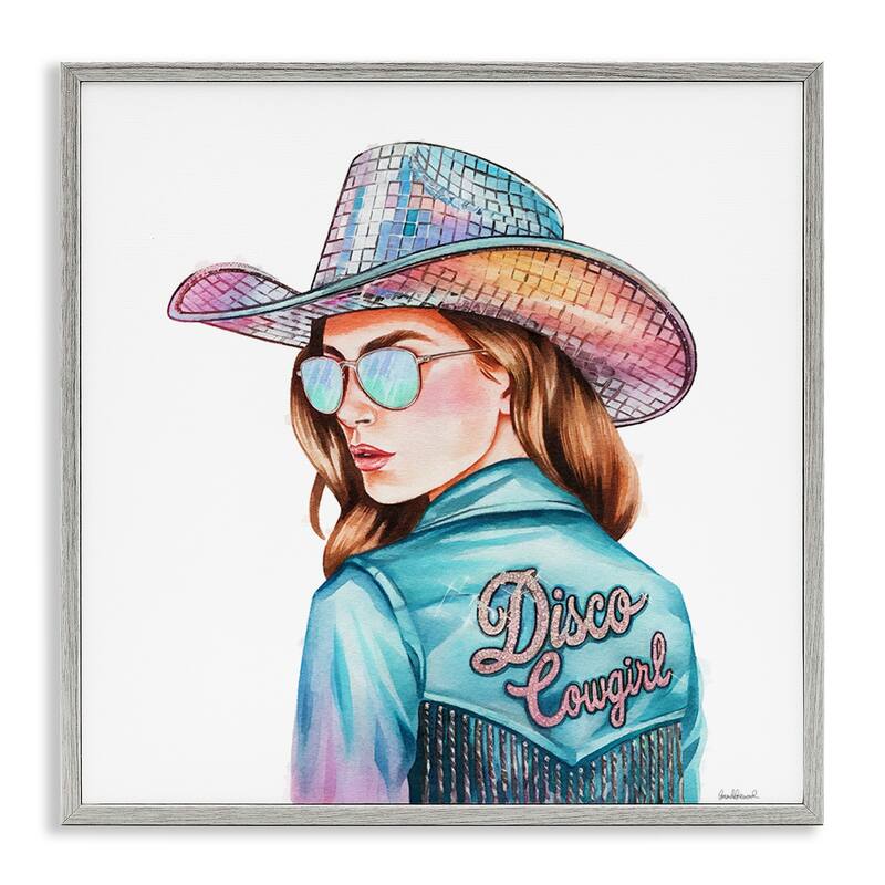 Stupell Disco Cowgirl Portrait Framed Giclee Art Design By Amanda Greenwood - 17 x 17 - Grey