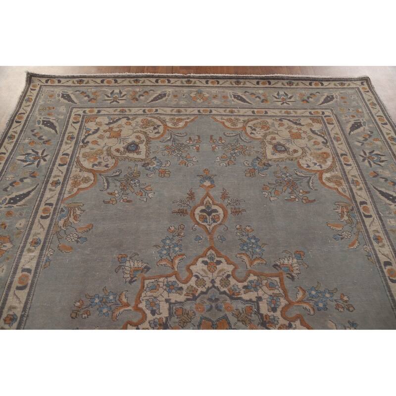Hand Knotted Oriental 100% Wool Carpet Traditional Medallion Greys & Charcoal Tabriz Area Rug - 9' 7'' X 6' 8''
