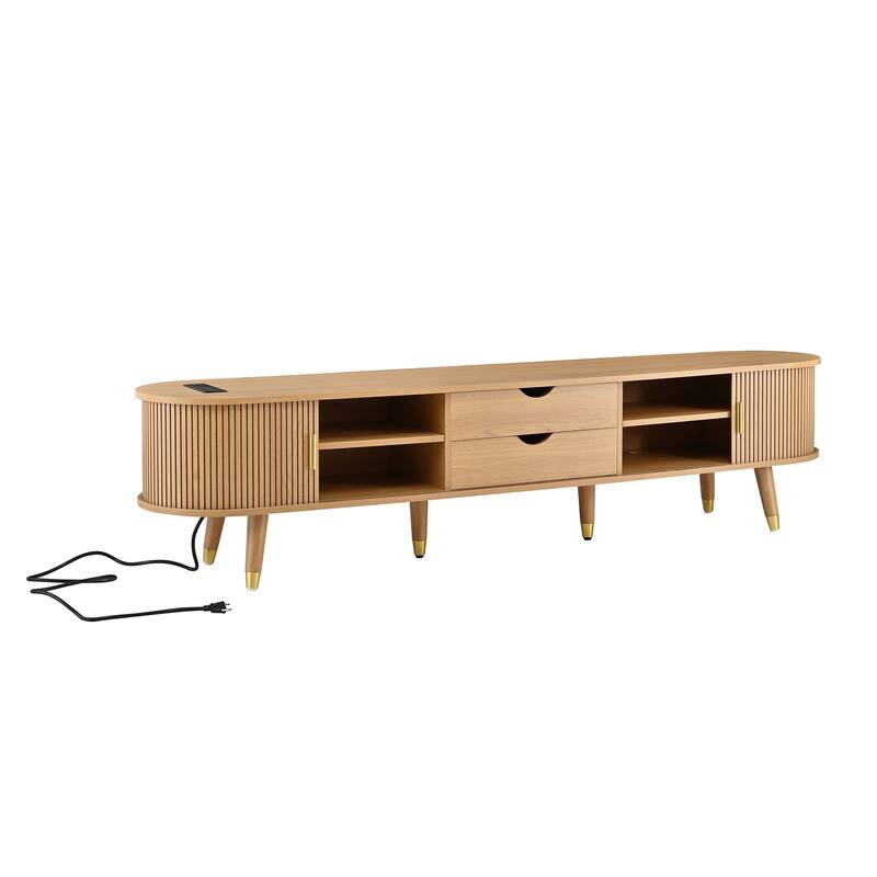 Wooden Oval TV Stand with Charging Station for TV up to 80", Fluted Sliding Tambour Door TV Cabinet Media Console, Natural