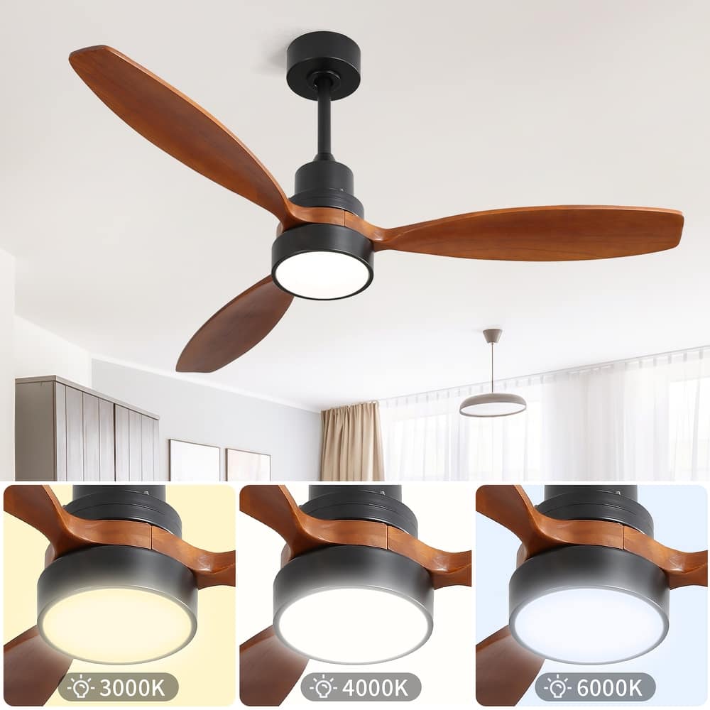 52 Inch Indoor Ceiling Fan with LED Light, 3 Solid Wood Blades Ceiling Fan, Remote Control Reversible DC Motor Fan