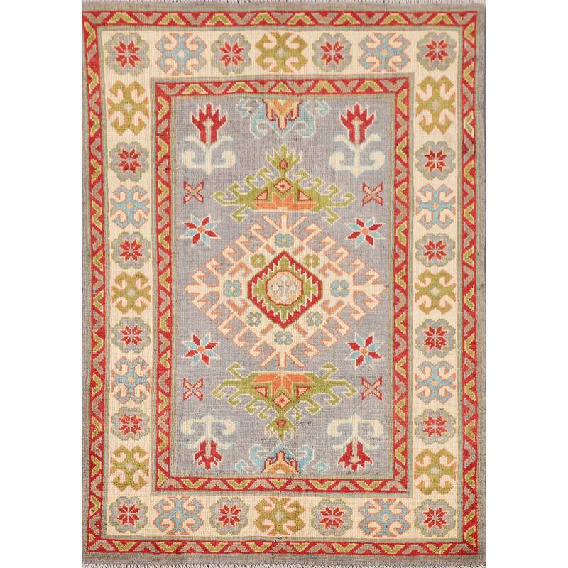 Gray Geometric Kazak Oriental Accent Rug Handmade Wool Carpet - 2'8" x 3'11"