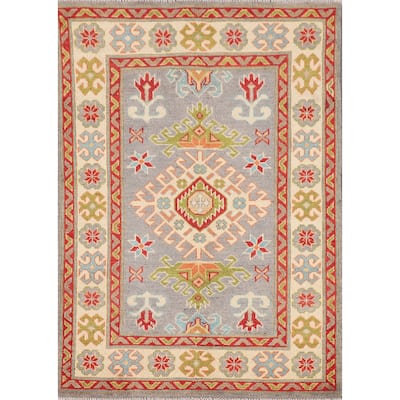 Gray Geometric Kazak Oriental Accent Rug Handmade Wool Carpet - 2'8" x 3'11"