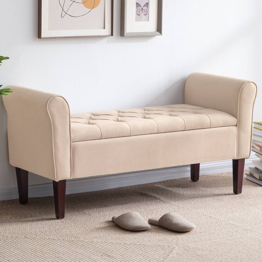 Arm Fabric Storage Ottoman Bench with Solid Wood Legs, 48"W x 18"D x 23"H