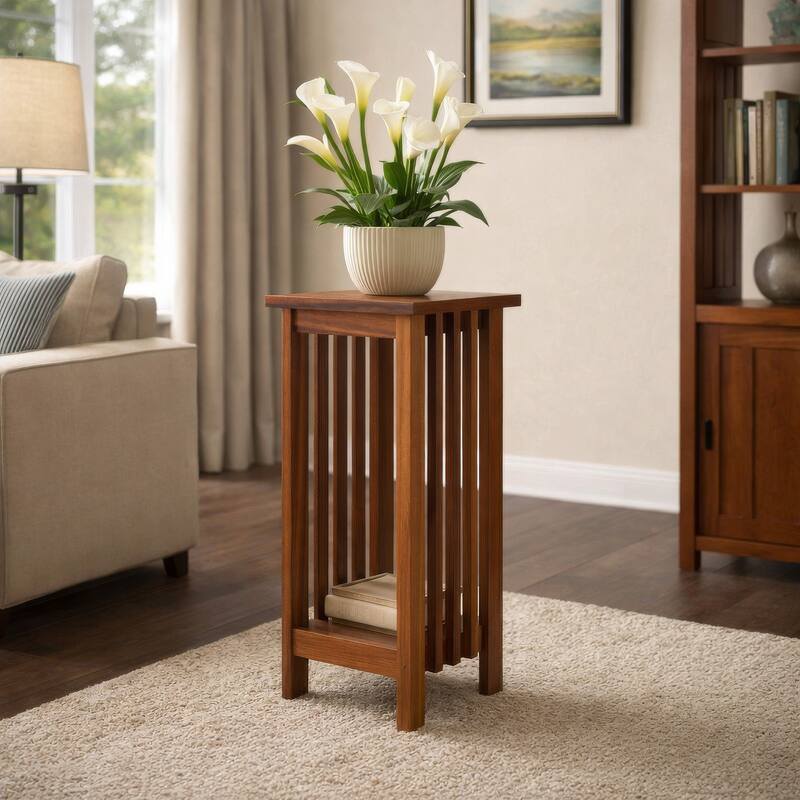 25 Inch Wooden Flower Stand with Slatted Sides and Bottom Shelf, Brown