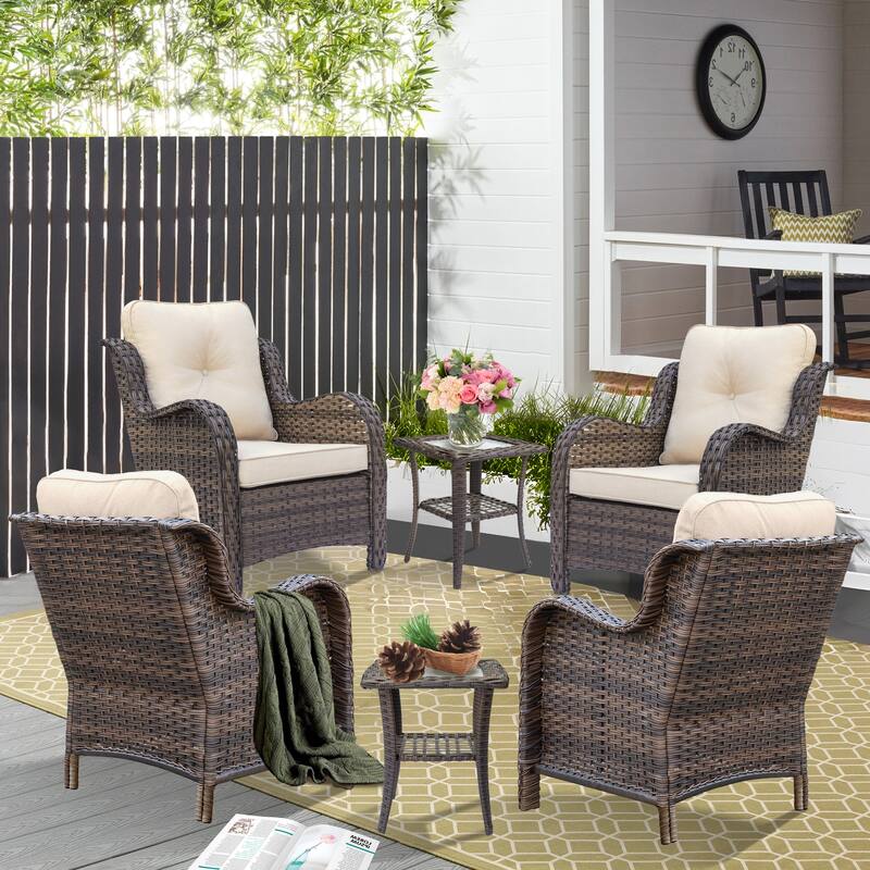 High Back Brown Wicker Outdoor Patio Conversation Seating Sets - 6 Piece - Beige