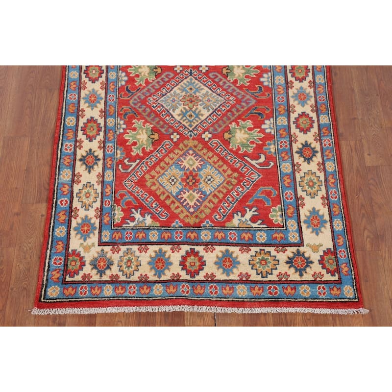 Geometric Orange Kazak Accent Rug Hand-Knotted Wool Carpet - 3'0" x 4'11"