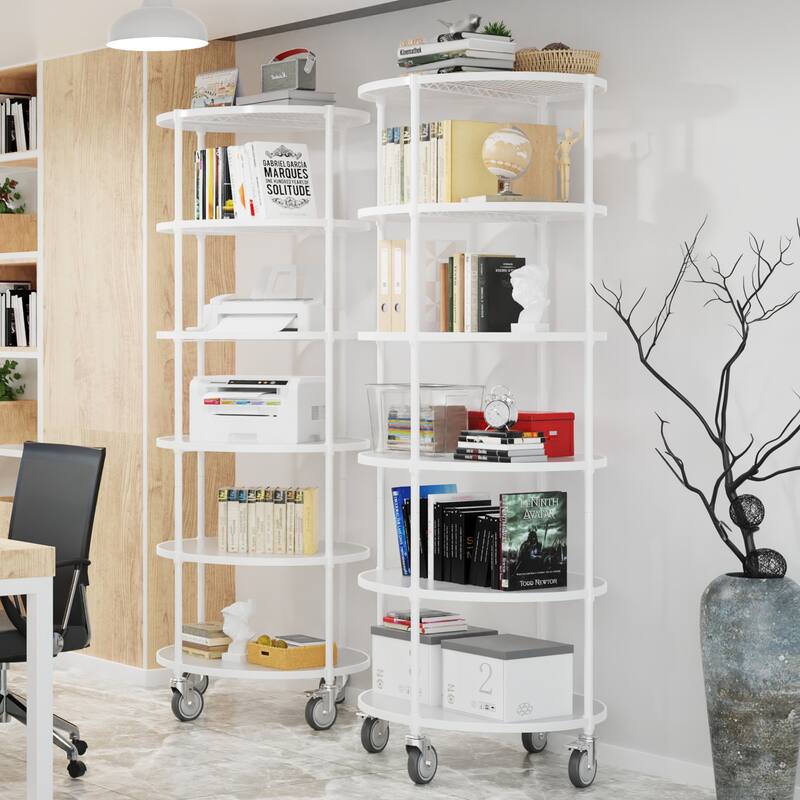 6-layer circular shelf with wheels,White/Black/Silver - 6 Tier