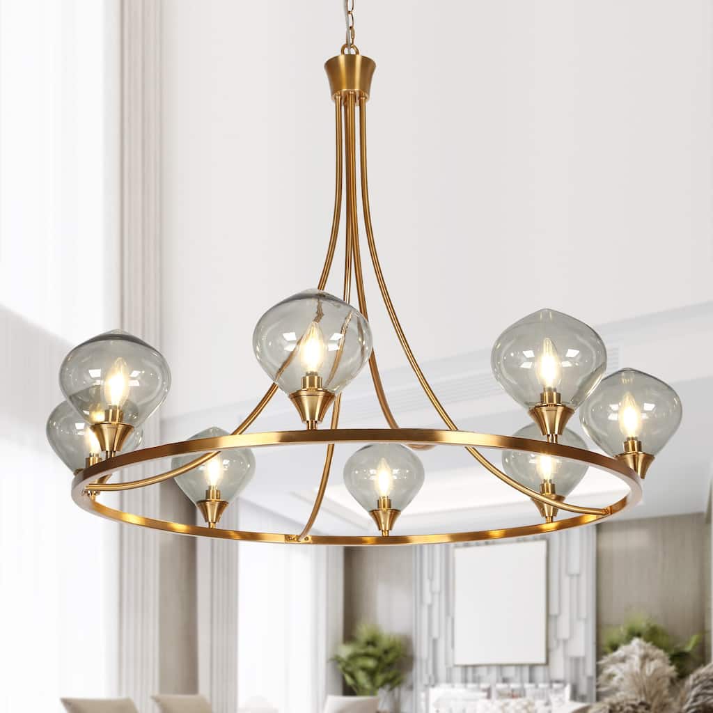 LALUZ Modern Gold 8-Light Large Wheel Chandelier Glass Light for Dining Living Room - D 39.3" x H 31.8"