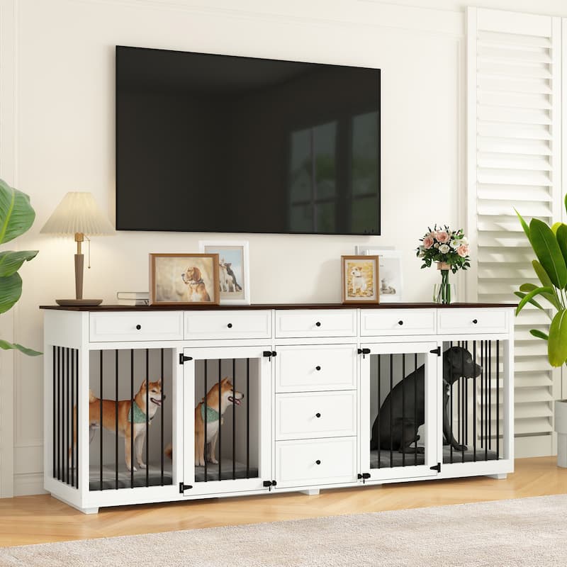 Large Dog Crate Furniture Wooden Dog Crate TV Stand Entertainmnet - 89"W