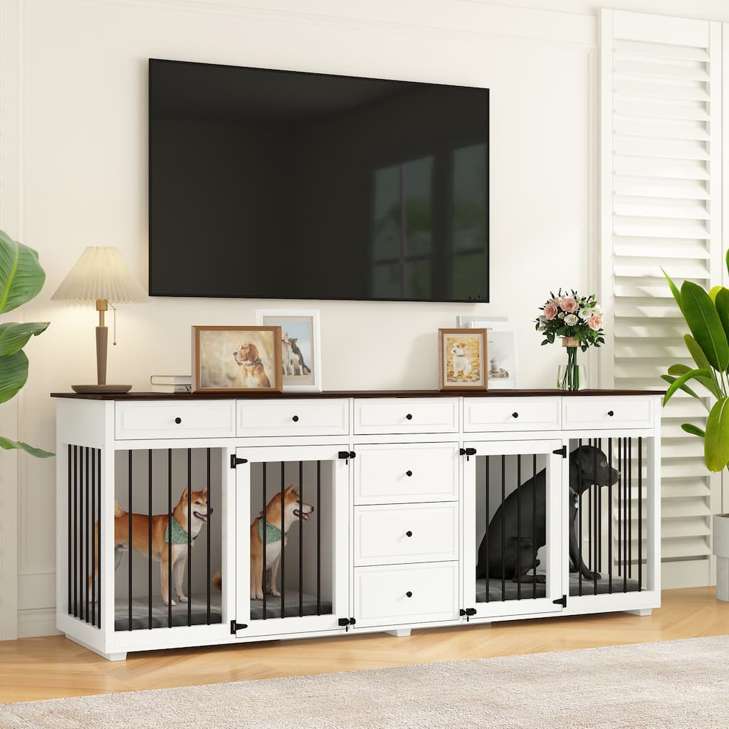 Large Dog Crate Furniture Wooden Dog Crate TV Stand Entertainmnet - 89"W