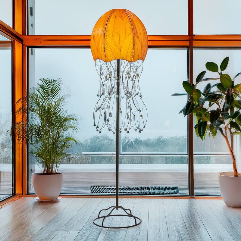 Handmade Jellyfish Large Floor Lamp, Cocoa Leaves Shade, 15 x 15 x 64 in.