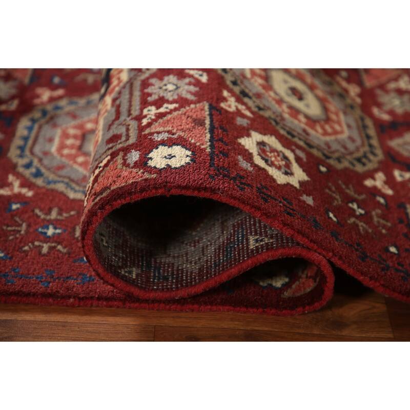 Red Geometric Kazak Indian Runner Rug Hand-Knotted Wool Carpet - 2'6"x 8'1"