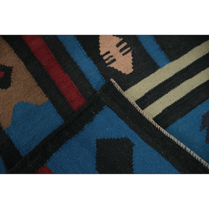 Hand Woven Oriental 100% Wool Carpet Southwestern Tribal Navy Blue & Blues Kilim Area Rug - 9' 11'' X 5' 4''
