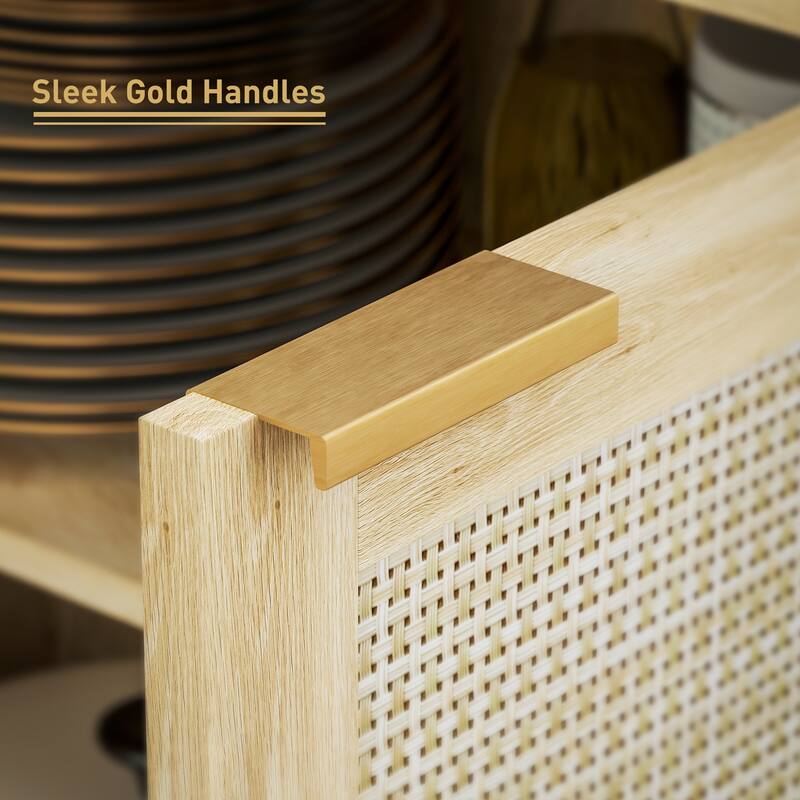 Rattan Sideboard with Adjustable Shelves and Golden Handles for Kitchen Dining and Living Room Storage