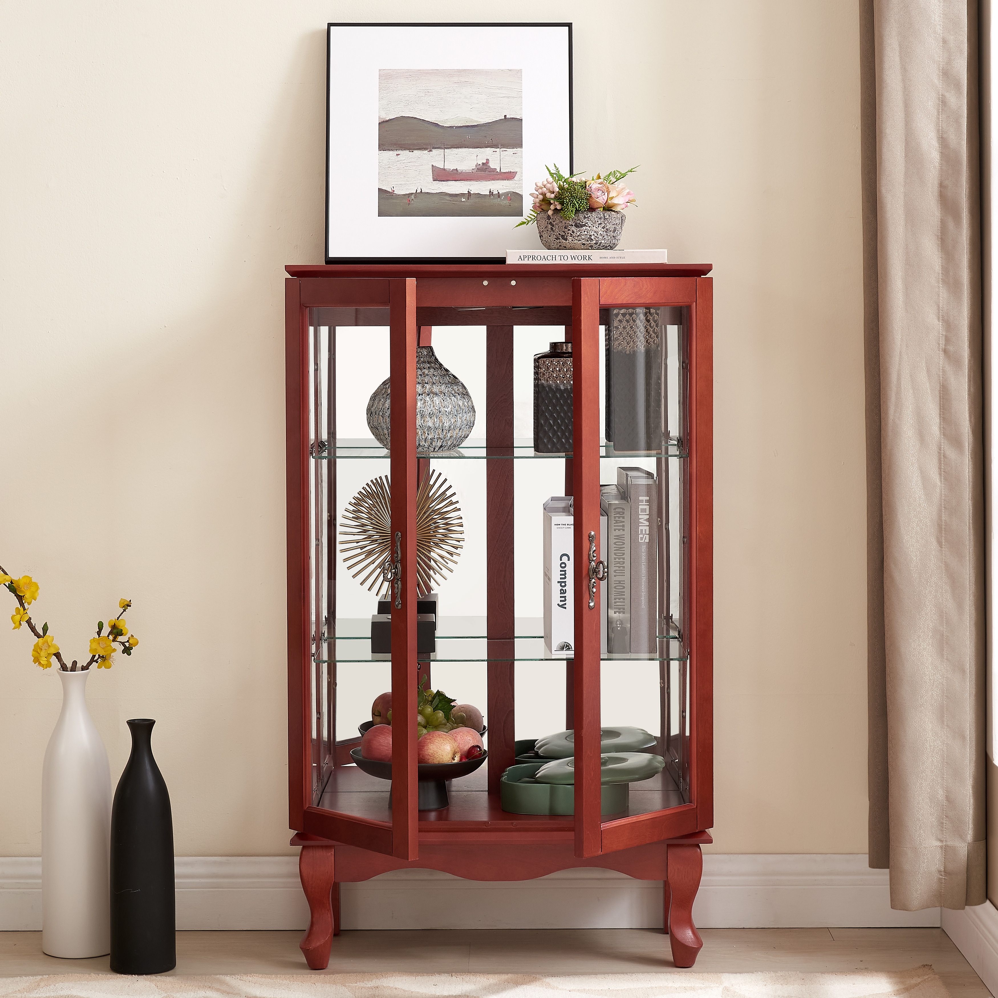 Two-Door Curio Cabinet With Tempered Glass Doors, Mirrored Back And Adjustable Shelves
