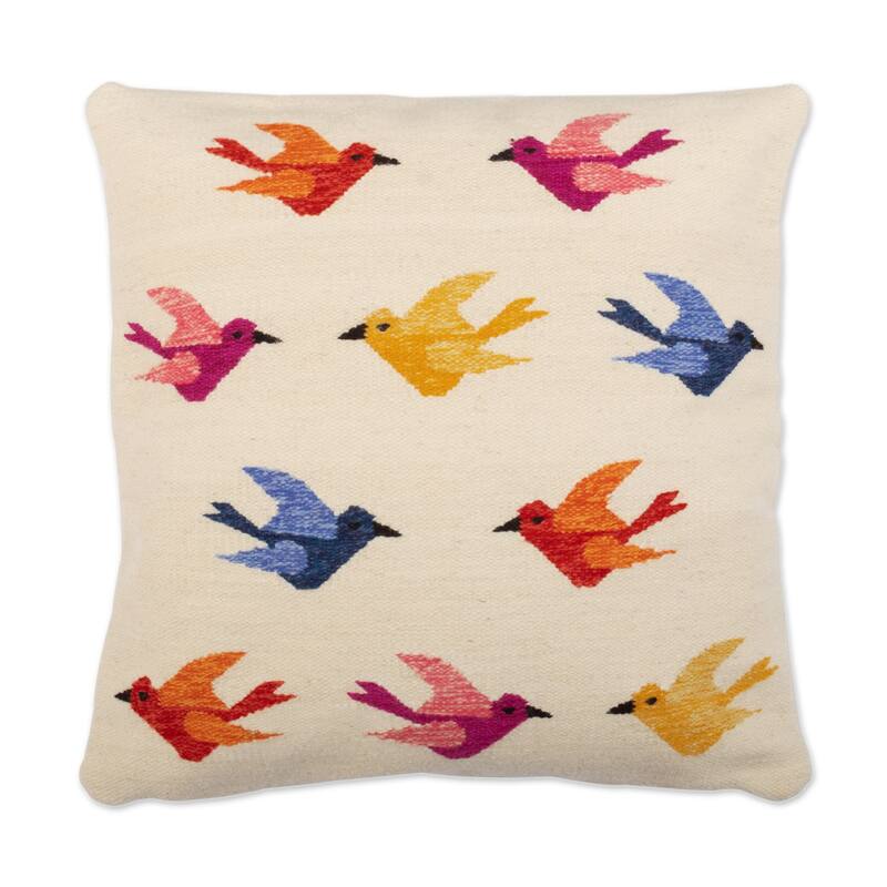 Novica Handmade Chanting Birds Wool Cushion Cover