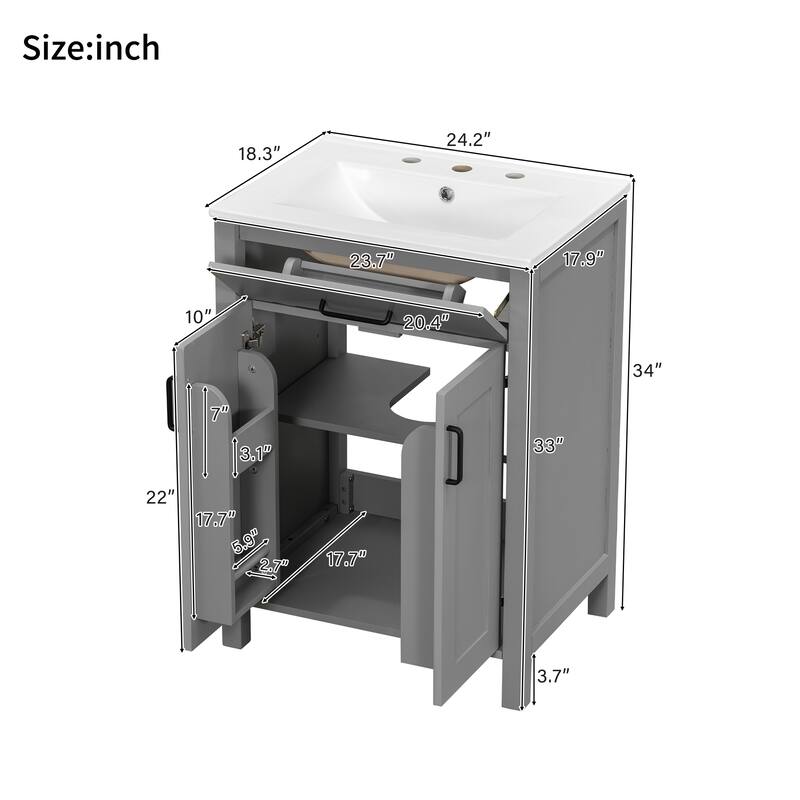 Small Bathroom Vanity with Ceramic Sink, Bathroom Cabinet with 2 Soft Close Doors & Drawers, Freestanding Storage Cabinet