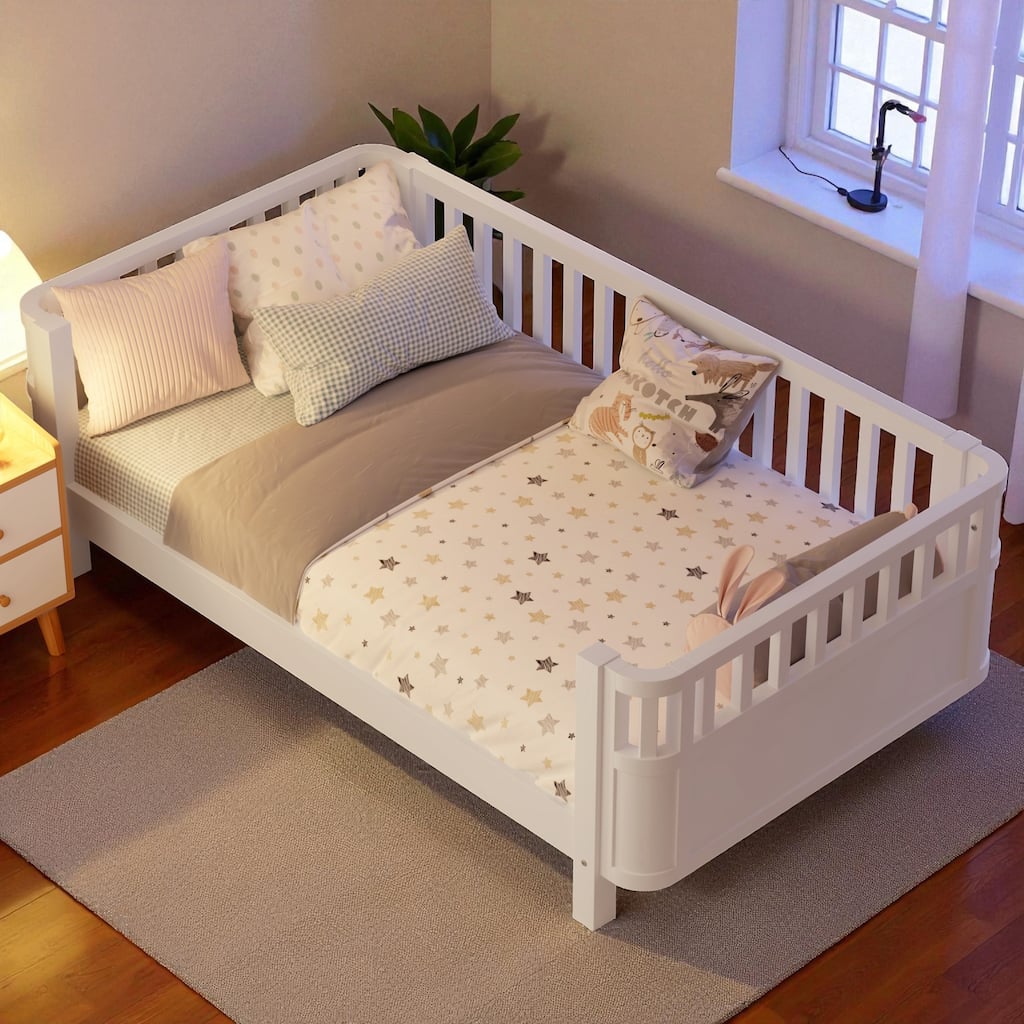 Wood Twin/Full Size Platform Bed with Safety Rails, Low Profile Kids Bed Frame for Girls and Boys