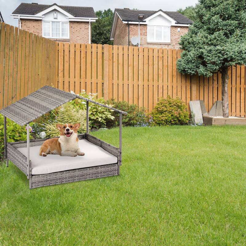 Elevated Rattan Dog Bed with Canopy and Washable Cushion Cover Perfect for Small Dogs - 31.3”L x 26.6”W x 24.4”H