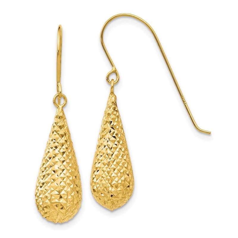 Curata 14k Yellow Gold 29x8mm Sparkle Cut Puff Tear Drop Dangle Hook Earrings
