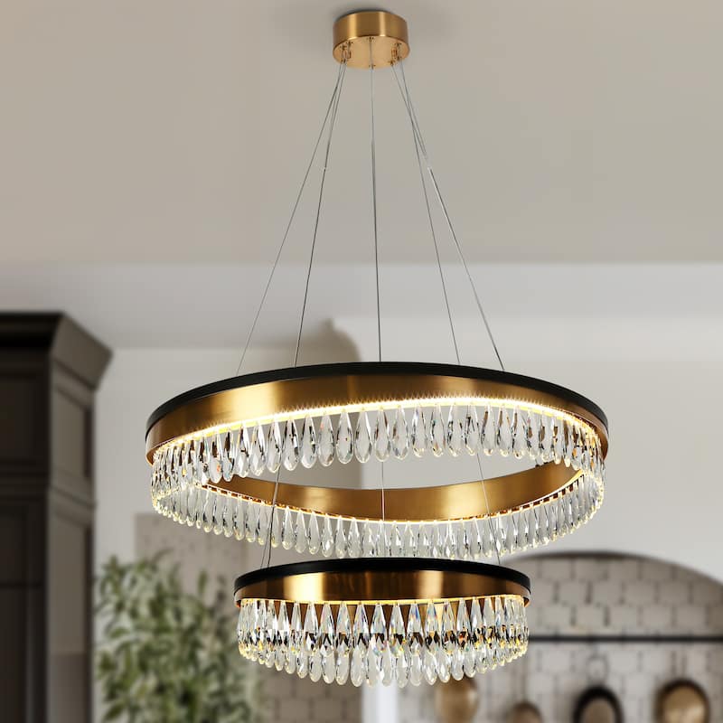 Modern LED Crystal Chandelier Luxury Black Gold Drum Light for Dining Living Room - D31.5" x H73" Max