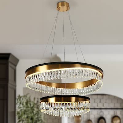 Modern LED Crystal Chandelier Luxury Black Gold Drum Light for Dining Living Room - D31.5" x H73" Max