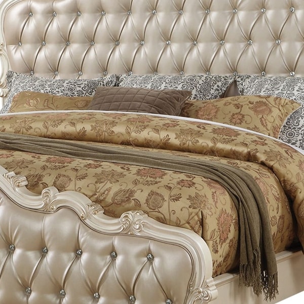 Acme Furniture Chantelle Rose Gold Faux Leather Pearl White Bed