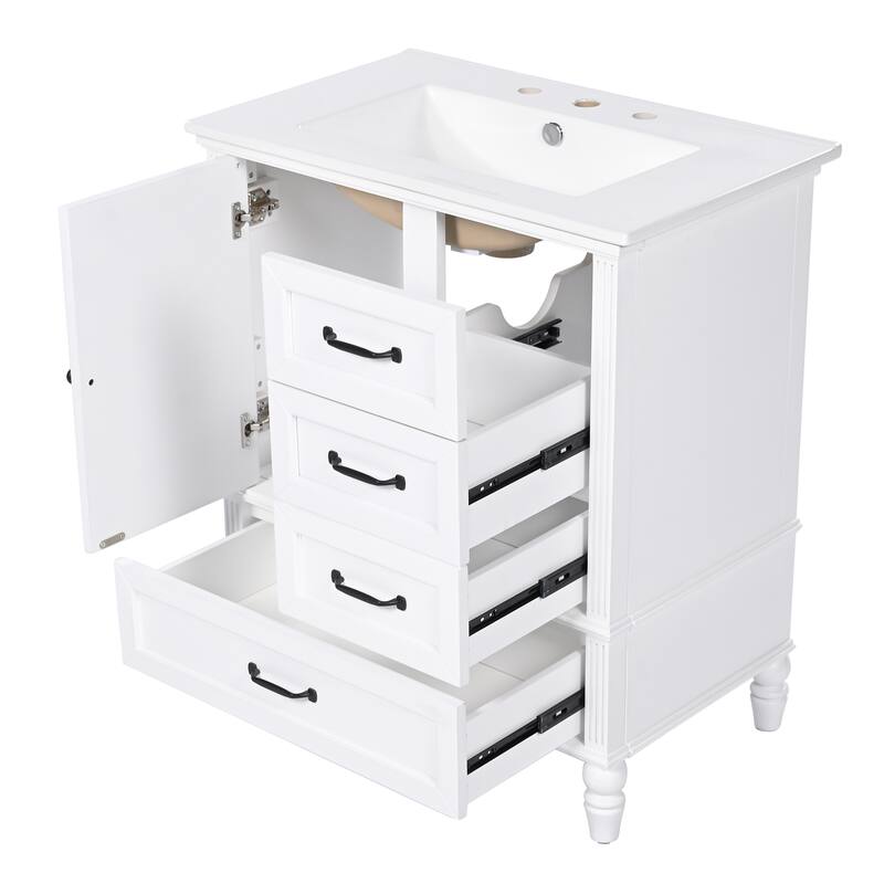 Roomfitters 30" Bathroom Vanity with Integrated Ceramic Sink, Solid Wood Frame and 3-Drawer Storage