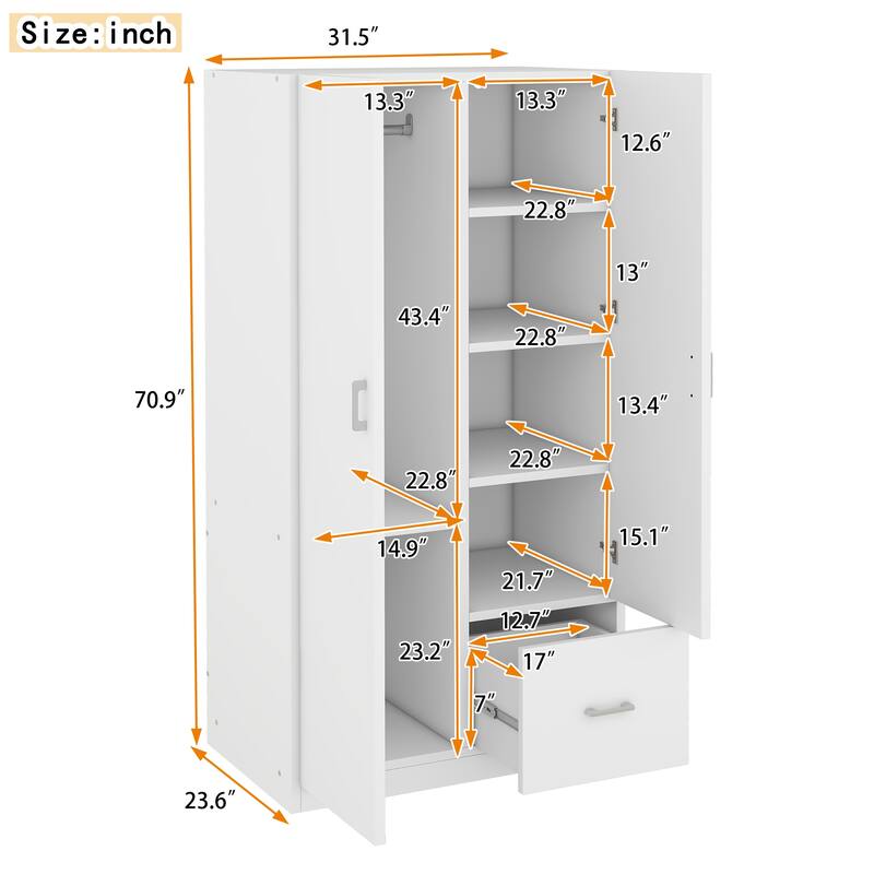 Wooden Floor Wardrobe with Double Doors, Modern Armoire with 5 Fixed Shelves, Storage Drawer Built-in Hanging Rod for Bedroom