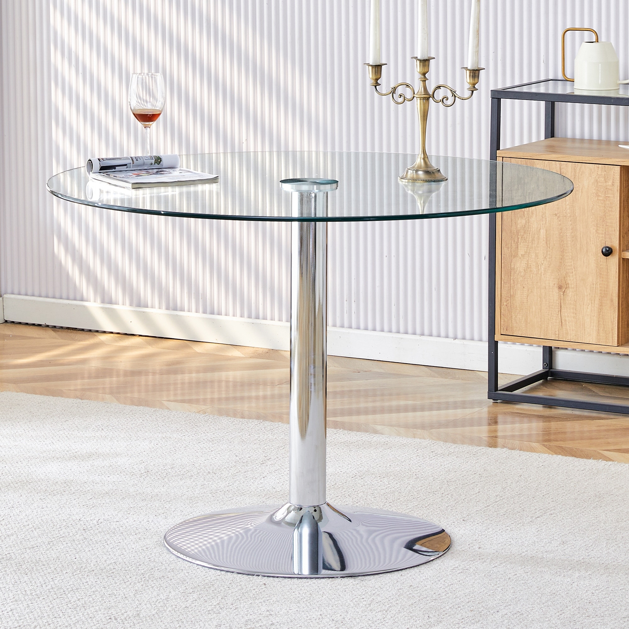 Modern Minimalist Circular Glass Dining Table With Silver Legs