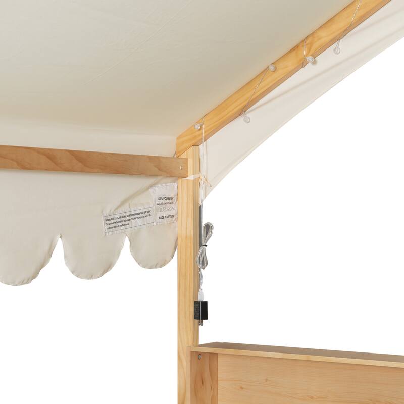 Full Size House-Shaped Daybed with Storage Bookshelves, Canopy Curtain and LED Light, Wooden Floor Bed with Fence