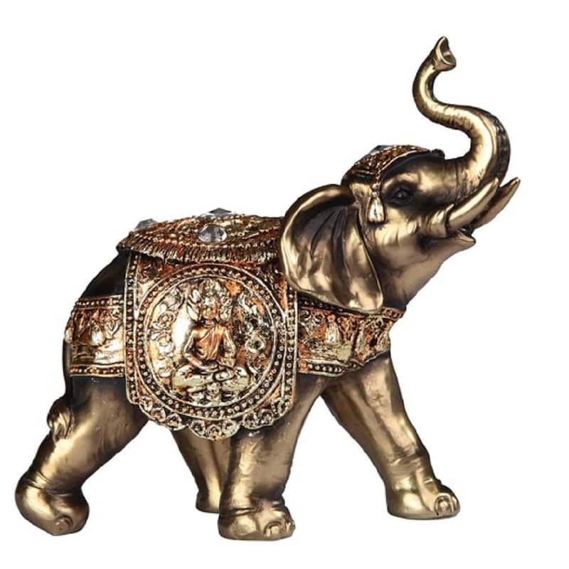 Q-Max 7"W Brass Thai Elephant with Trunk Up Statue Feng Shui Decoration Religious Figurine