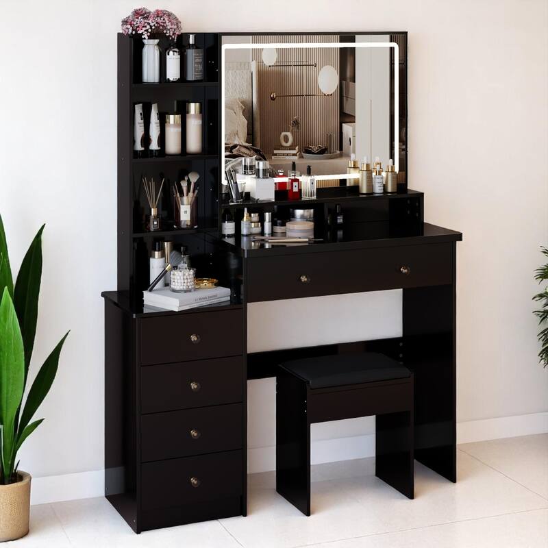 Makeup Vanity Desk with Extra Large Lighted Mirror, Left Drawer Cabinet, Adjustable LED Lighting, and Stool for Bedroom