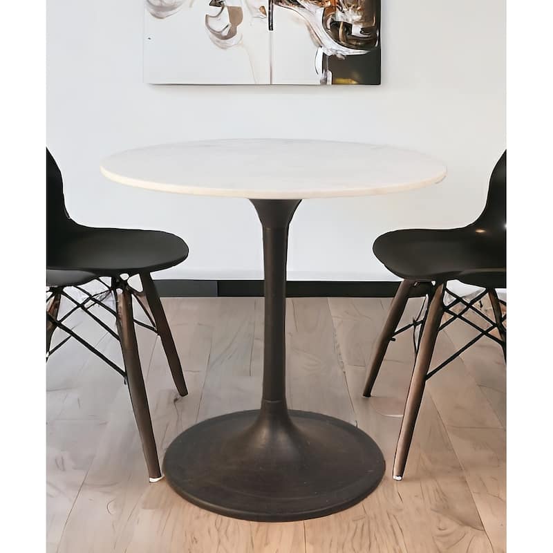 30" White And Black Rounded Marble And Iron Pedestal Base Dining Table - White