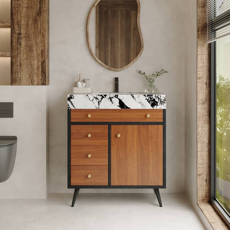 GDFStudio - Bristol Modern 29.9" Freestanding Bathroom Vanity with Sintered Stone Top, Ceramic Sink & Stainless Steel Legs - Walnut Finish - Black+White Top