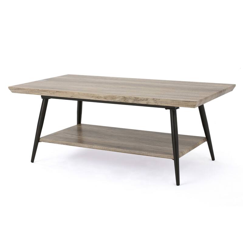 Coffee Table, 43 Inch Top, Black Metal Legs, Taupe Gray Wood Finish
