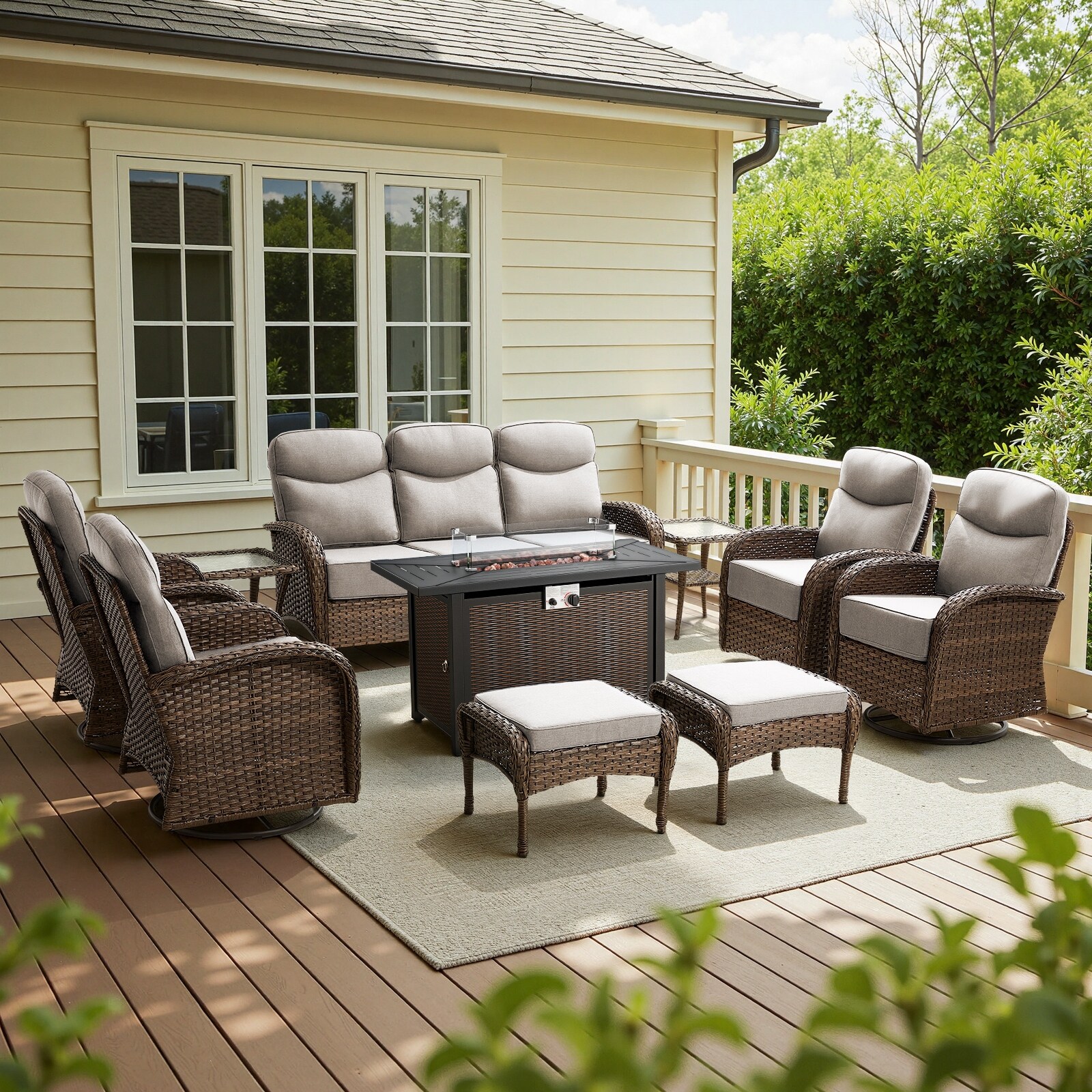 Gymojoy 9 - Person Fire Pit Outdoor Wicker Conversation Furniture Set with 6" Cushions, 55,000 BTU Propane Table