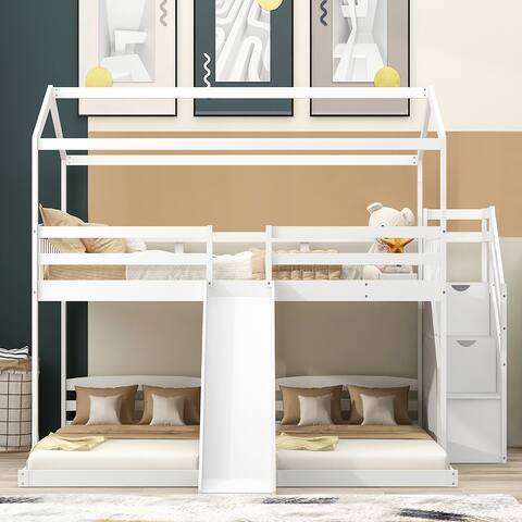 3 Beds in 1 Design Bunk Bed with Slide, Built-in Drawer and Shelf