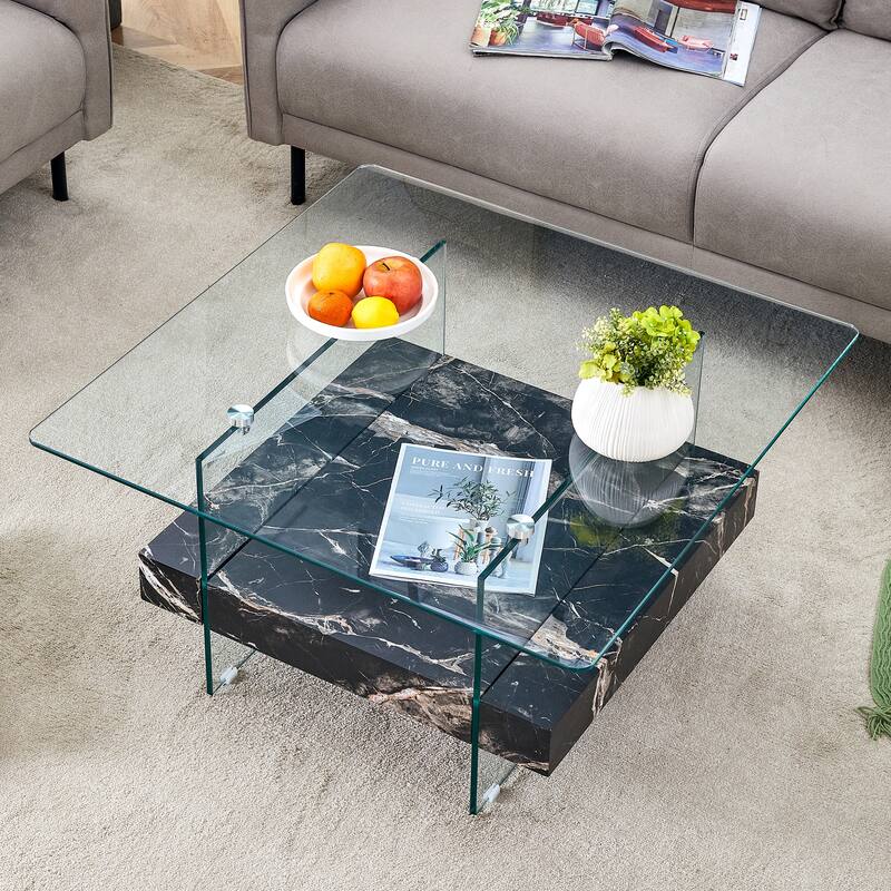 Modern Two-Tier Square Coffee Table -Elegant Combination Of Glass And Marble Pattern Sticker