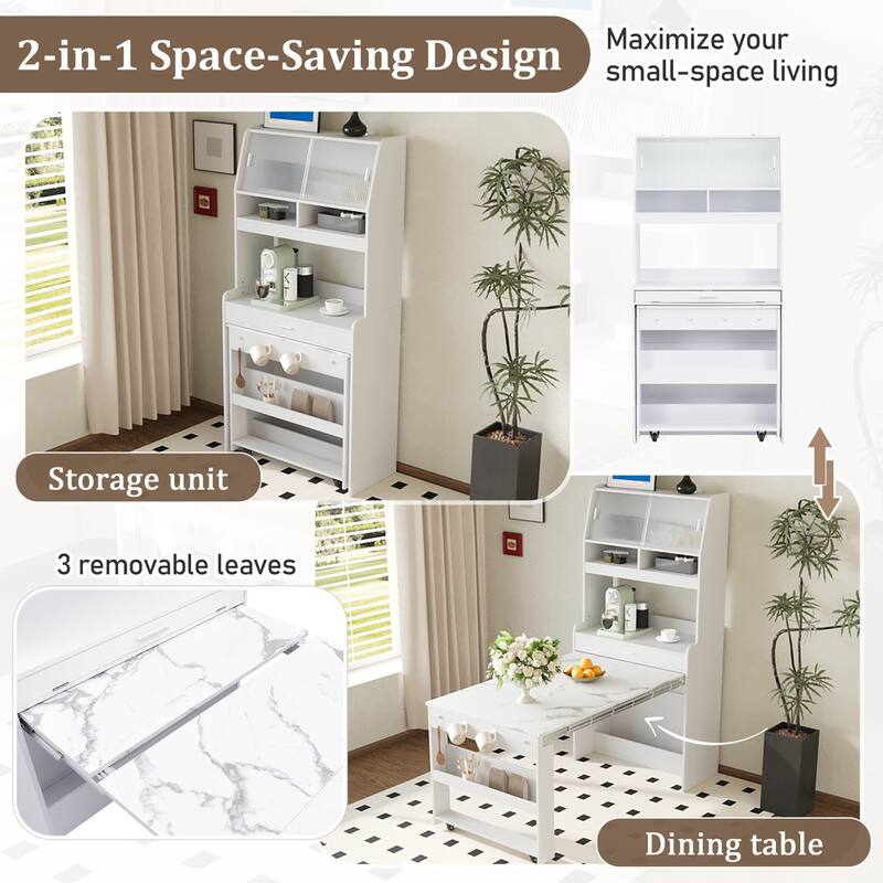 2-in-1 Buffet Hutch Storage Cupboard with Foldable Dining Table