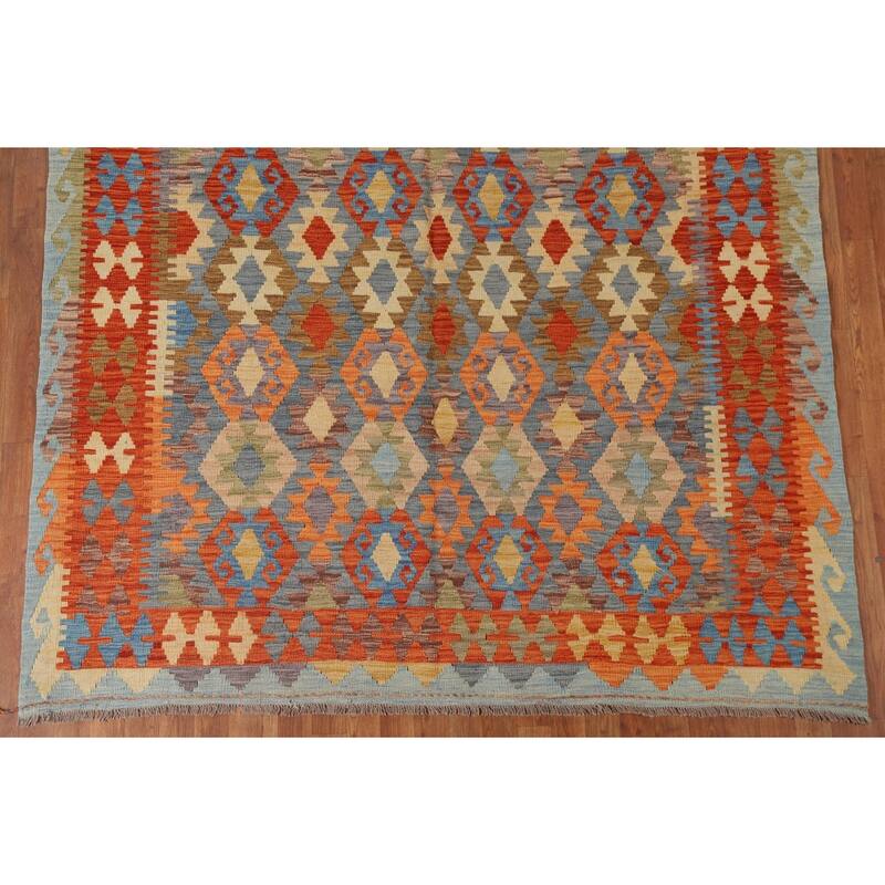 Hand Woven Oriental 100% Wool Carpet Southwestern Geometric Multi-Colored Kilim Area Rug - 9' 5'' X 6' 9''