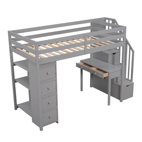 slide 2 of 19, Twin Size Wood Loft Bed with Storage Drawers,Storage Stair and Desk Under-Bed Gray